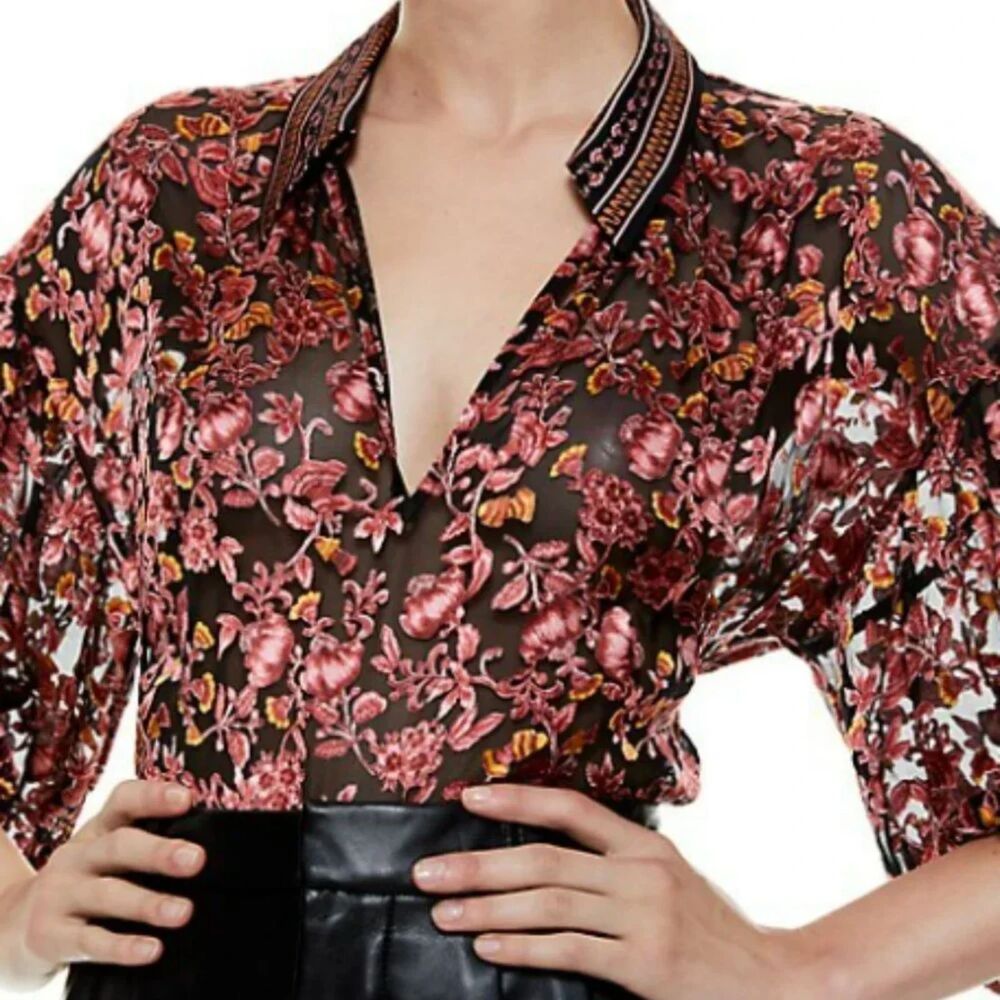 NWT Alice + Olivia Desiree Twilight Floral Rose Combo Collared Blouse XS $330